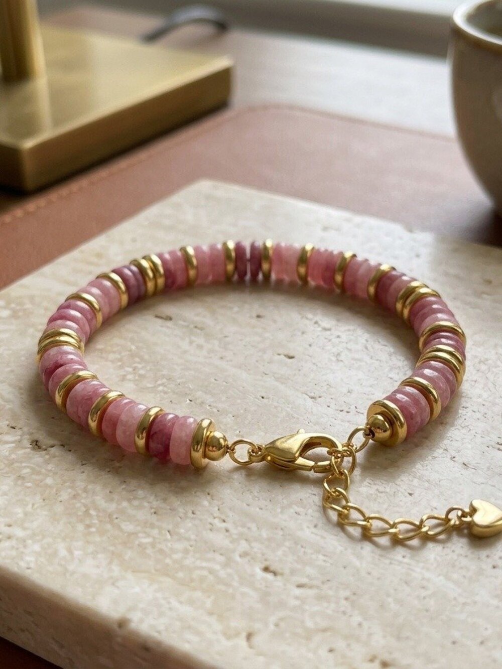 Pink Beaded Stone Bracelet Gold Plated Natural Stone Disc Bead Stacking